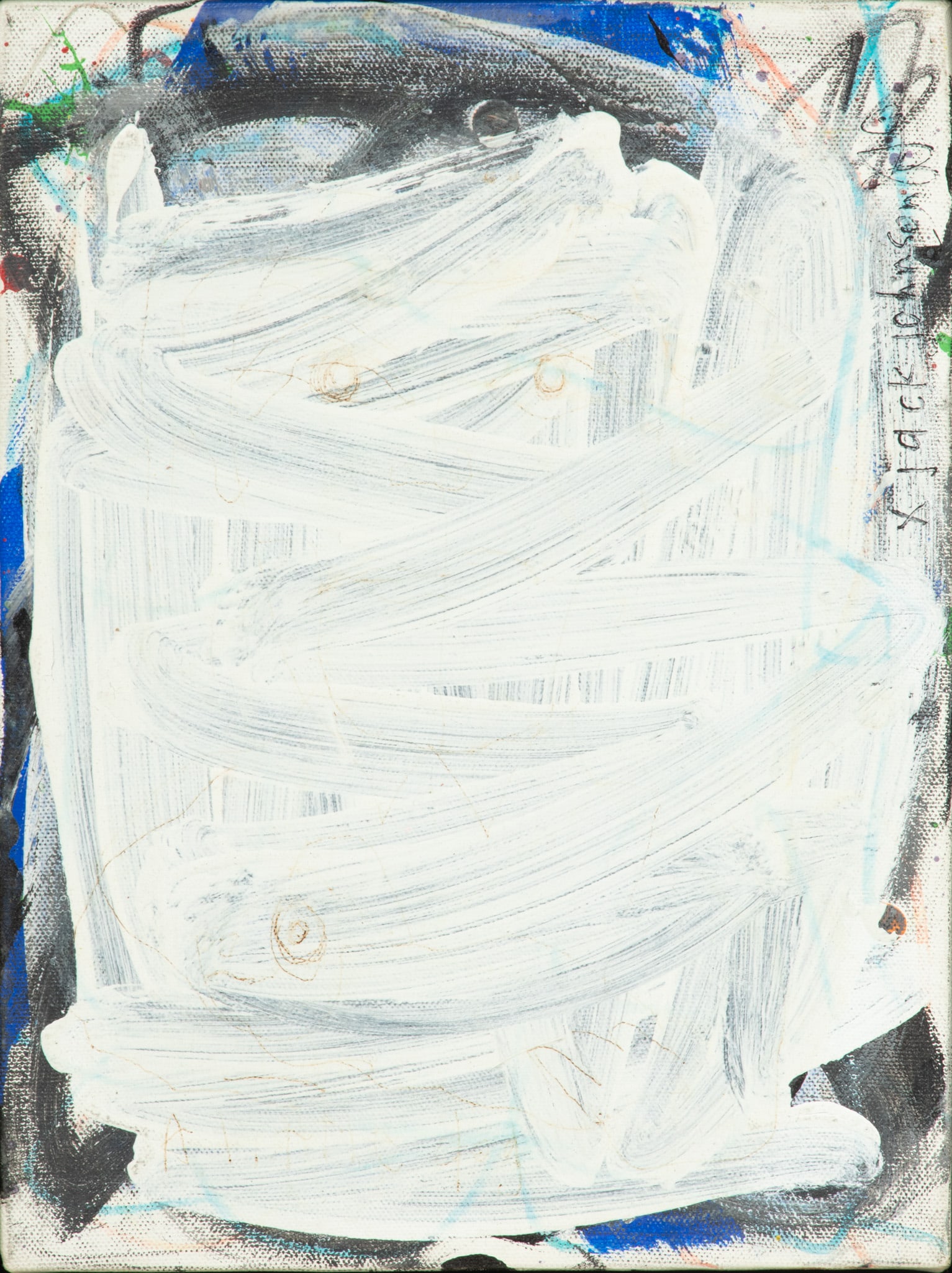 Jack Johnson (American/Detroit, B. 1955) Oil on Canvas, Untitled, H 12" W 10": Jack Johnson (American/Detroit, B. 1955) Oil on Canvas, Untitled, H 12" W 10" | Signed at right edge. Abstract composition with faint outlines of the head of a man. Frame dimensions: H 16", W 14". Jac