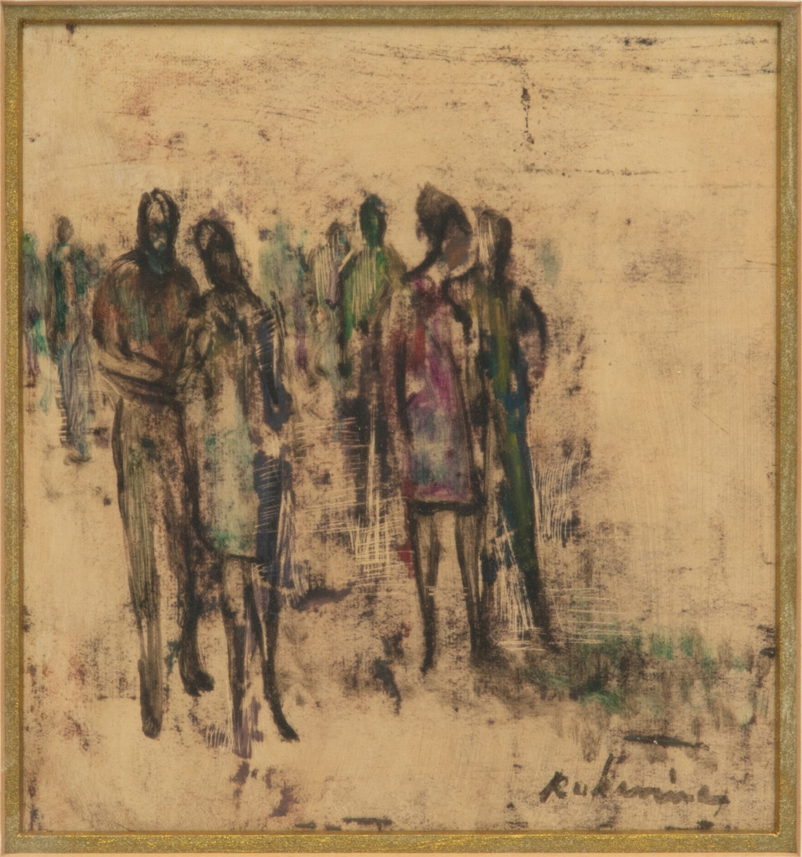 Robert Rukavina (American/Detroit, 1914-1977) Oil on Paper, 1968, "Group of Figures", H 5.25" W 5" (1 of 3)