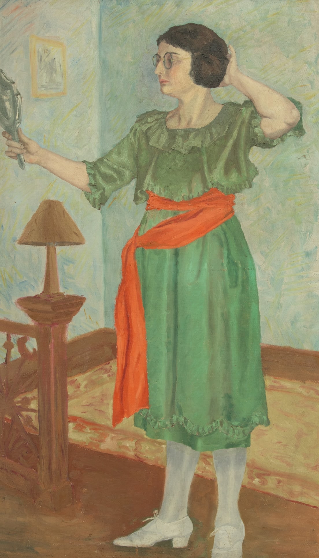 American Oil on Board Ca. 1920's, "Portrait of a Woman Standing with Hand Mirror", H 48" W 28" (1 of 4)