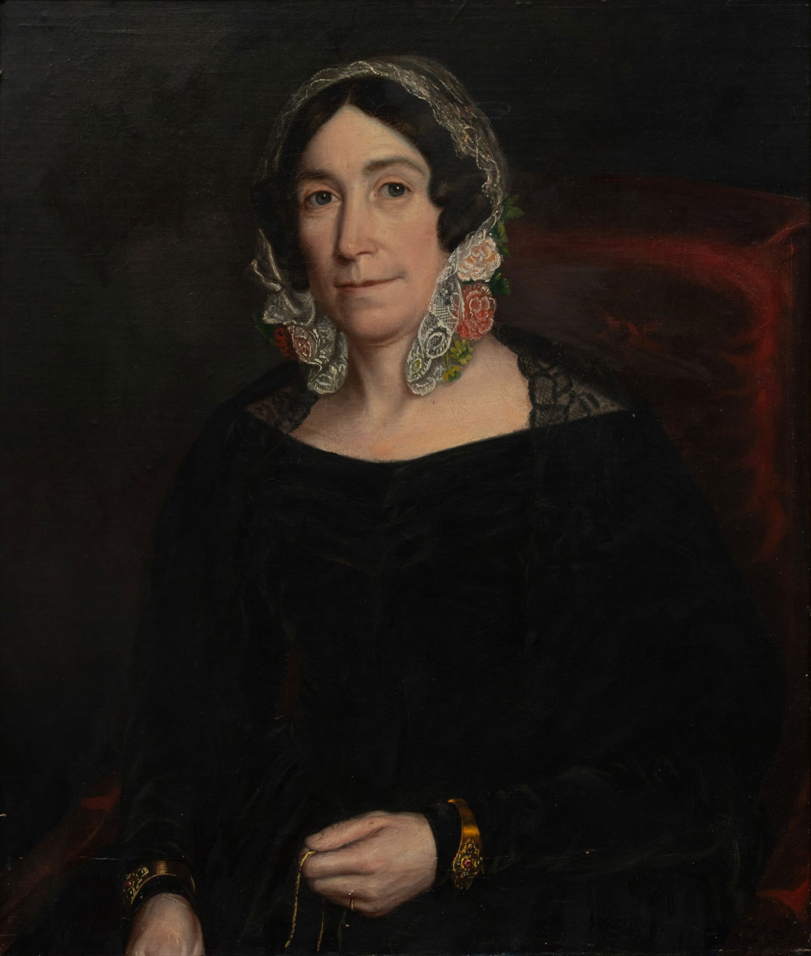 Victorian Oil Portrait of a Lady Ca. 1850, H 25" W 22" (1 of 3)