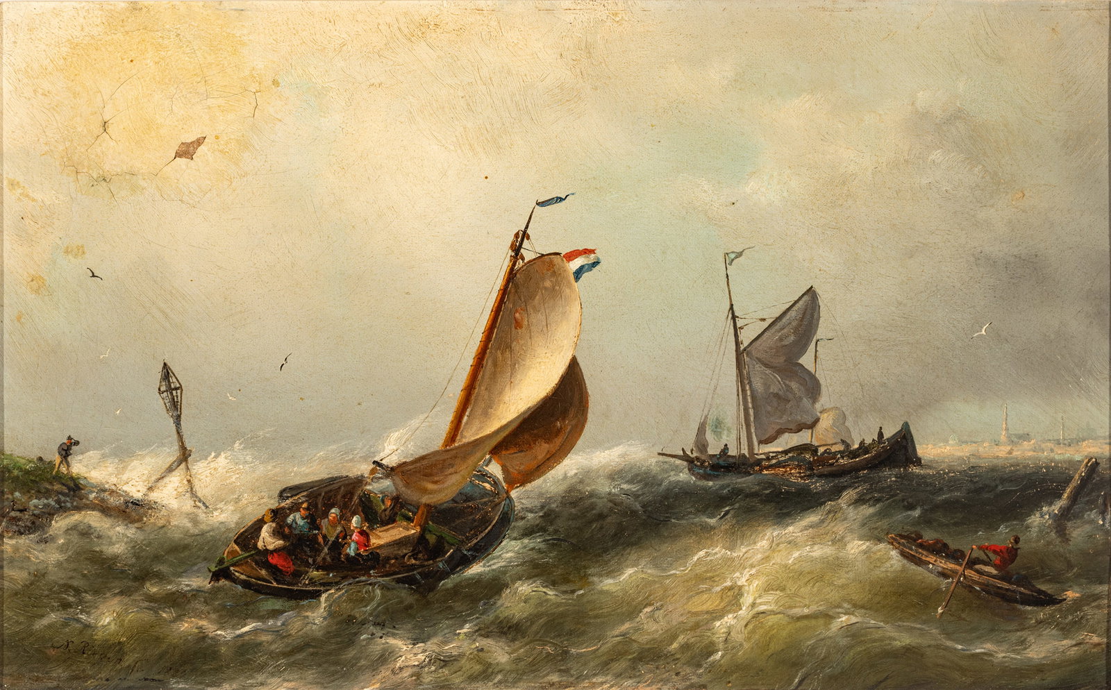 Nicolaas Riegen (Netherlands, 1827-1889) Oil on Canvas, Sailing in Storm, 19th C., H 11" W 18": Nicolaas Riegen (Netherlands, 1827-1889) Oil on Canvas, Sailing in Storm, 19th C., H 11" W 18" | Depicting sailing vessels with Dutch flags navigating in stormy waters. Signed lower left. Frame measur