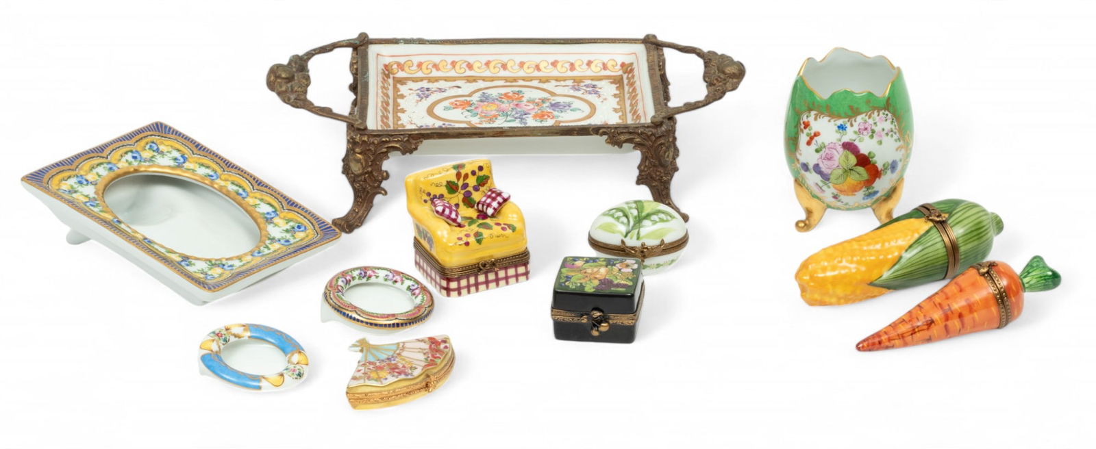 Limoges (France) Peint Main Painted Porcelain Boxes, Photo Frames & Trivet, 20th C., H 2.5" W 9.5": Limoges (France) Peint Main Painted Porcelain Boxes, Photo Frames & Trivet, 20th C., H 2.5" W 9.5" Depth 5" 11 pcs | the collection includes, but is not limited to a corn cob, an Oriental fan, a box o