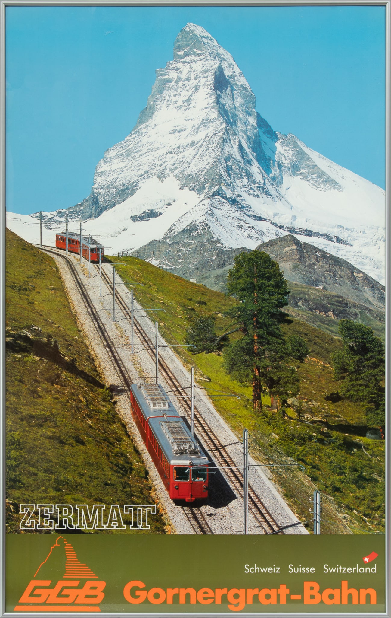 Zermatt Swiss Gornergrat-Bahn Poster, H 39.5" W 24.5": Zermatt Swiss Gornergrat-Bahn Poster, H 39.5" W 24.5" | with 'ZERMATT' 'Schweiz Suisse Switzerland' and 'GGB Gornergrat-Bahn' on the poster in plate. Frame measures H 40.25" X W 25.5". Provenance: Pro