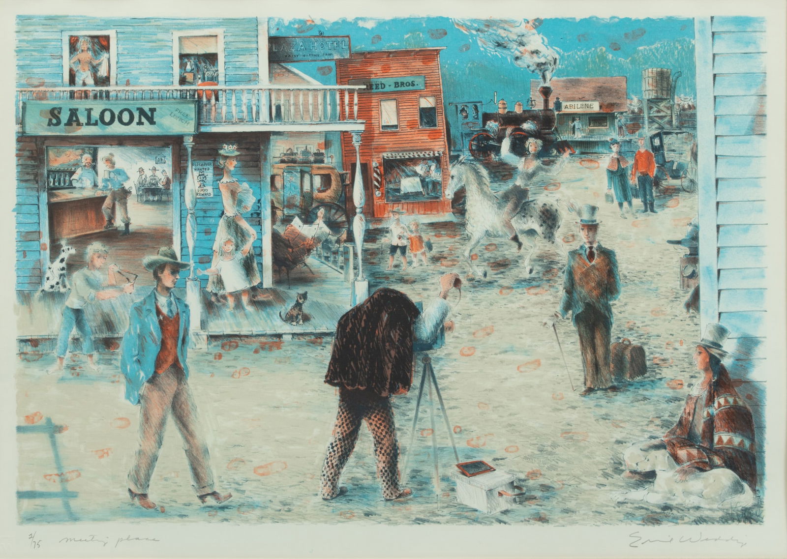 Emil Weddige, (Ann Arbor, 1907-2001) Lithograph #2/75 "Meeting Place", H 19" W 28": Emil Weddige, (Ann Arbor, 1907-2001) Lithograph #2/75 "Meeting Place", H 19" W 28" | Pencil signed. Frame 27" X 36". Weddige was born in Sandwich, Ontario and was an early instructor of stone lithogra