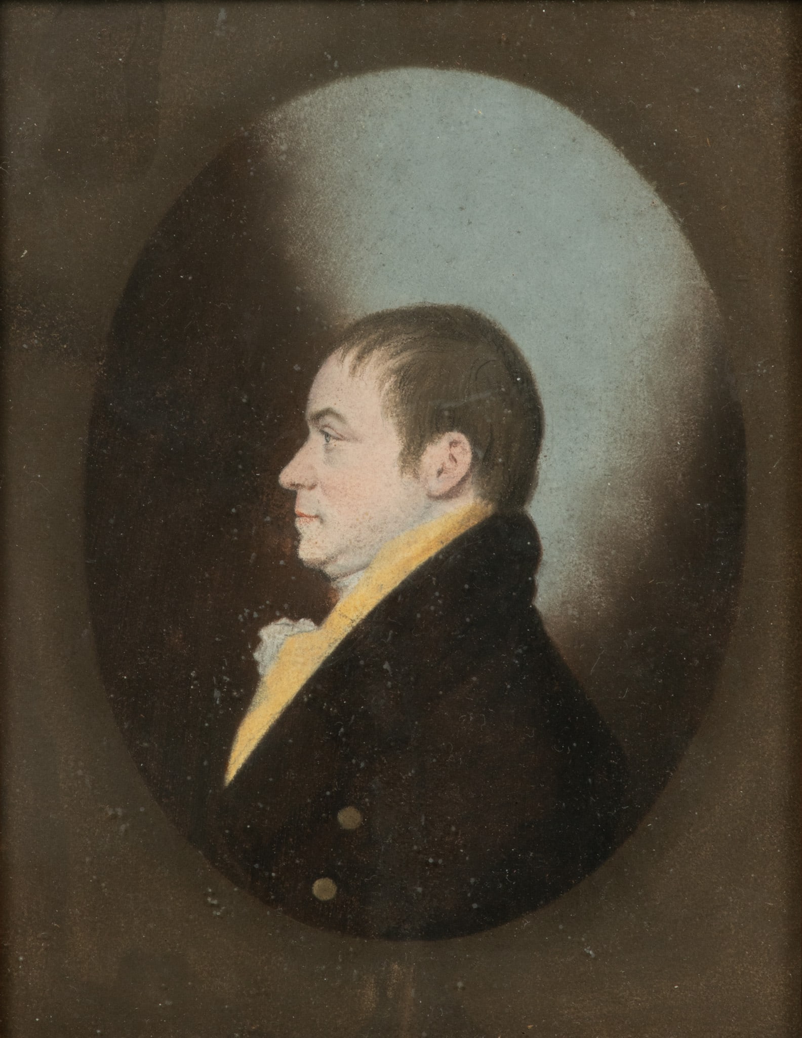 Attributed to James Sharples (English American, 1750-11) Pastel on Paper H 9" W 7": Attributed to James Sharples (English American, 1750-11) Pastel on Paper H 9" W 7" | Behind glass. Oval image 7" X 5.5". Sharples painted George Washington and his contemporaries. He did not sign his