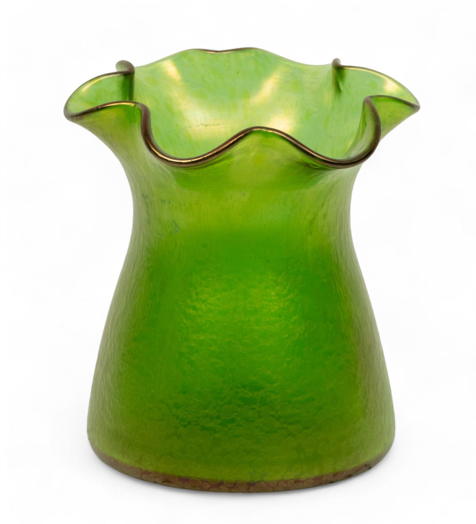 Loetz (Austrian) Diana Ciselé Crete Glass with Silberiris Vase, 1898, H 4.75" Dia. 4.5": Loetz (Austrian) Diana Ciselé Crete Glass with Silberiris Vase, 1898, H 4.75" Dia. 4.5" | Green glass ground with application of variously sized "Diana green" spots along with applied gold spots