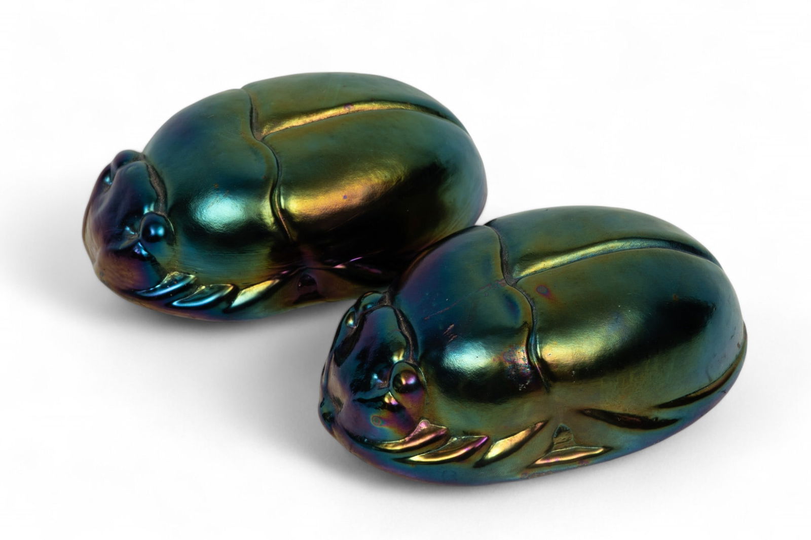 Scarab Beetle Form Iridescent Art Glass Paperweights, H 1.5" W 3" Depth 4.75" 1 Pair (1 of 5)