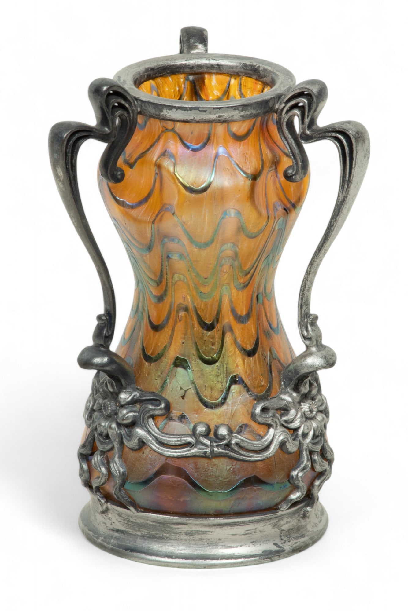 Wilhelm Kralik Sohn (Bohemia) Blue on Gold Iridescent Glass Vase, Art Nouveau Silver Plate Mounting, (1 of 7)