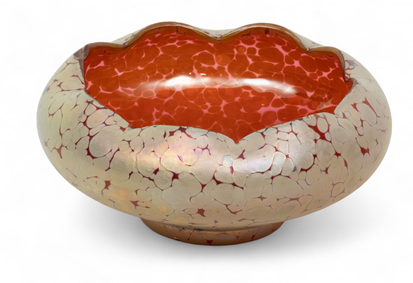 Art Nouveau Jugendstil Red-Orange Iridescent Glass Bowl, Ca. 1900, H 3" Dia. 6.5" (1 of 6)