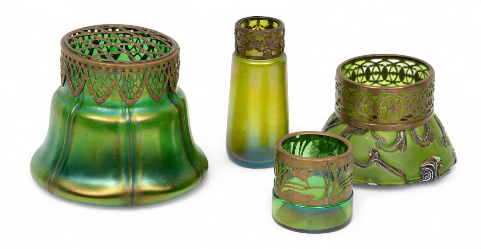 Art Nouveau Brass Mounted Iridescent Green Art Glass Vases, Feat. Pallme-Konig, Ca. 1900, H 5.25" (1 of 7)
