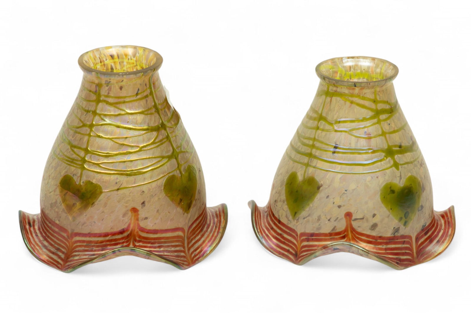 Attributed to Loetz (Austrian) Iridescent Glass Shades, Vine & Tendril Motif, Ca. 1900, H 5.75" Dia. (1 of 6)