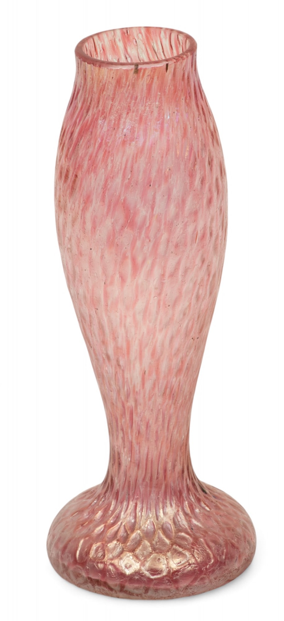 In the Manner of Loetz (Austrian) Martelé Glass Vase, 1898, H 8" Dia. 3": In the Manner of Loetz (Austrian) Martelé Glass Vase, 1898, H 8" Dia. 3" | a colorless ground with a honeycombed surface ('martelé' is French for 'hammered'). Unsigned. Provenance: Property