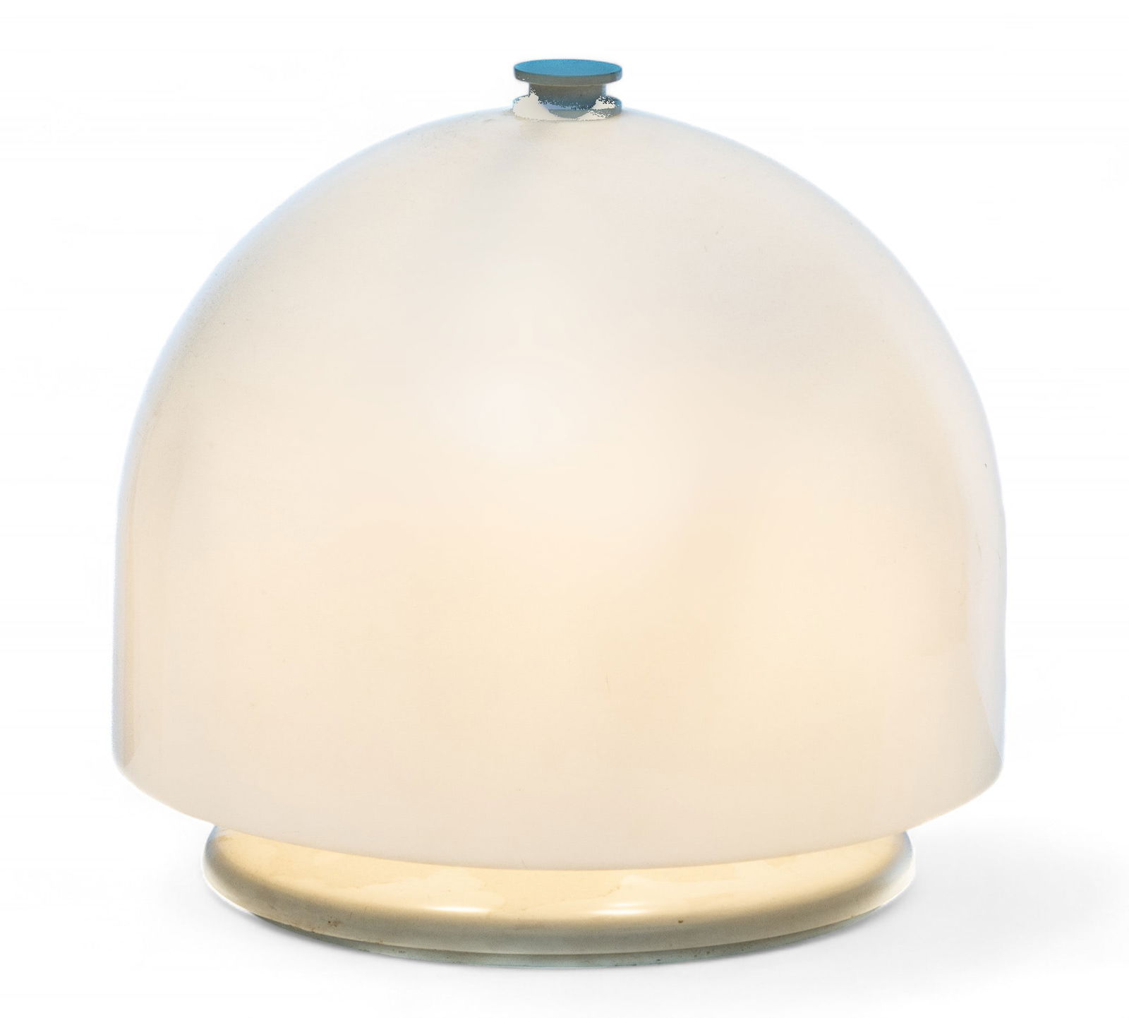 Gaetano Missaglia Mid Century Modern Lucite And Metal Lamp, H 15.5" Dia. 16": Gaetano Missaglia Mid Century Modern Lucite And Metal Lamp, H 15.5" Dia. 16" | White lucite dome shade with a white enamel metal base. Electrified with three sockets. Missaglia label at the edge of th