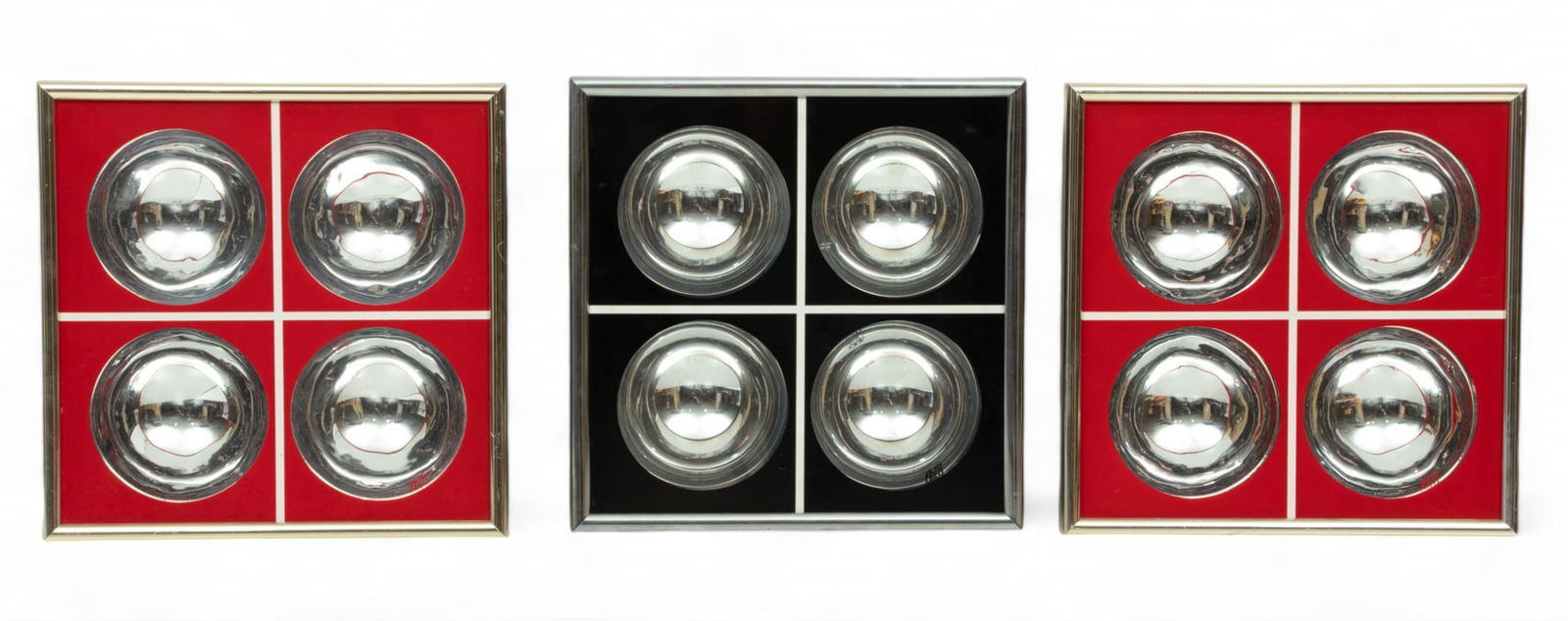 Ron Fritts for RF Studios Inc., Shadow Box Wall Art, Ca. 1970s, H 12.75" W 12.75" 3 pcs: Ron Fritts for RF Studios Inc., Shadow Box Wall Art, Ca. 1970s, H 12.75" W 12.75" 3 pcs | Each having four concave mirrored elements. Two having red enamel and one having black enamel around the mirro