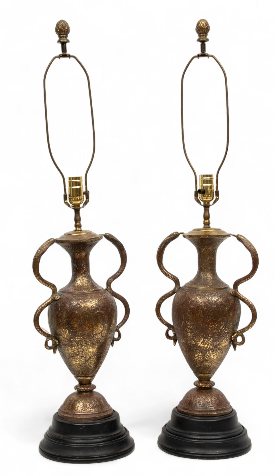 Pair of Indian Brass Electrified Lamps, Cobra Handles, H 37" W 9.25" Depth 7.25" (1 of 4)