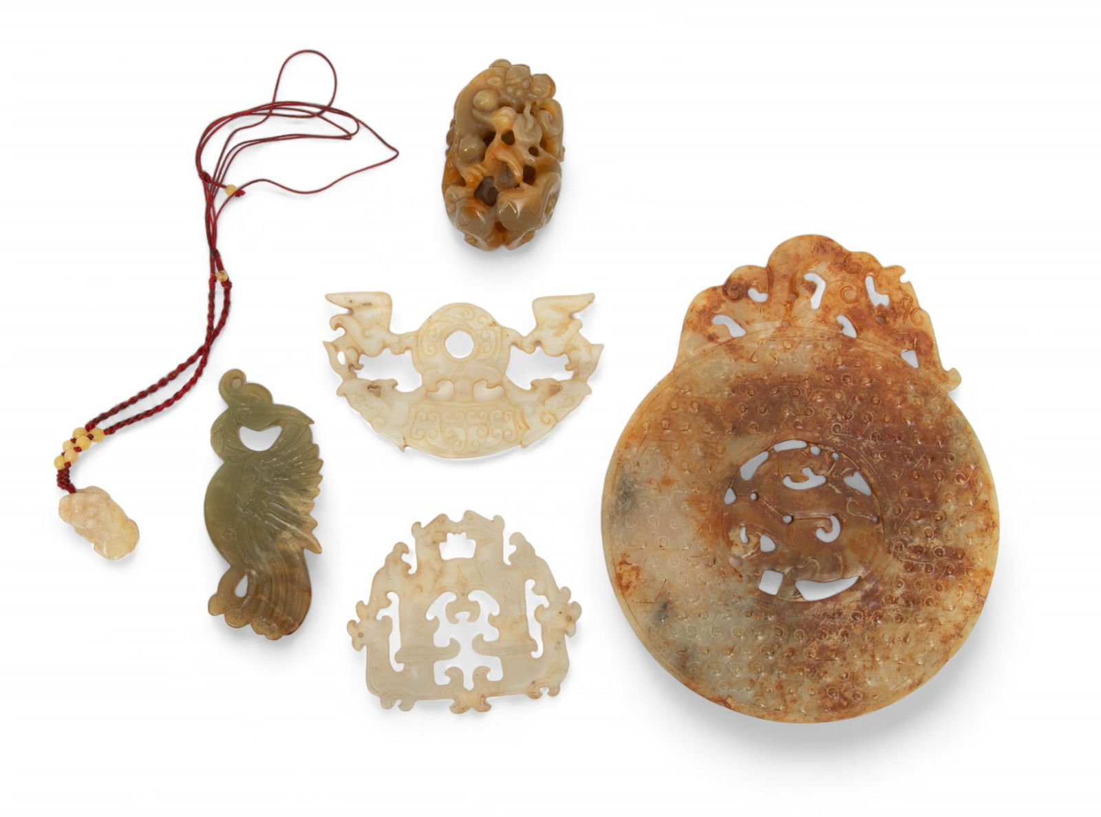 Chinese Carved Jade Pendants & Agate Token, H 7.5" W 6" 589g 6 pcs (1 of 3)