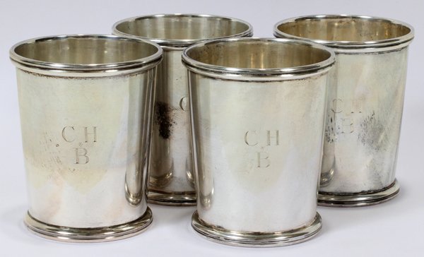 BALDWIN & MILLER INC. STERLING INT JULEP CUPS,: BALDWIN & MILLER INC. STERLING SILVER MINT JULEP CUPS, FOUR:Each monogrammed CHB on the sides and B & M Sterling and engraved date 6-27-59 on the underside; individual wt of cups in tr. oz.: 4.05, 4.0