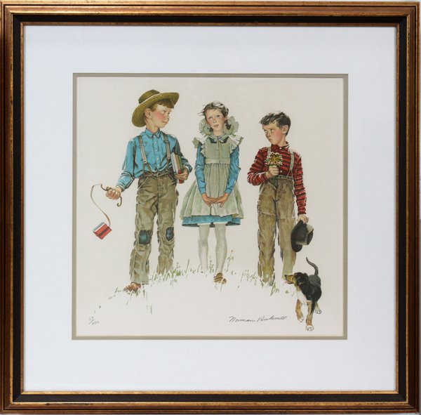 NORMAN ROCKWELL COLOR LITHOGRAPH, #37/200,: NORMAN ROCKWELL (AMER. 1894-1978), COLOR LITHOGRAPH, #37/200, C1975 18" X 18" "RIVALS":depicts two boys walking a girl home from school with one boy carrying her books and the other with a sprig of fl