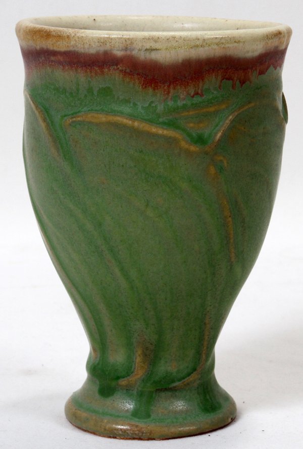 PEWABIC POTTERY VASE, H 5": PEWABIC POTTERY VASE, H 5":Green in color with pale purple rim. Marked on underside.