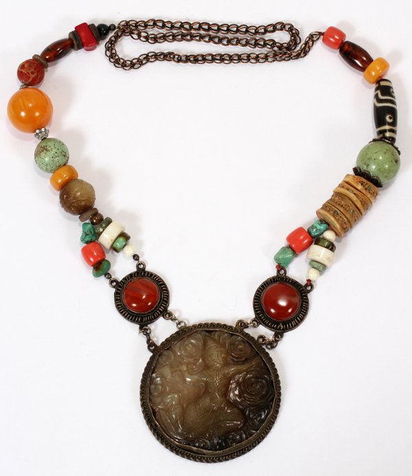 JADE PENDANT NECKLACE WITH AMBER, JADE, ETC.: JADE PENDANT NECKLACE WITH AMBER, JADE, TURQUOISE & CARNELIAN BEADS, L 18 1/2":Jade pendant 3" dia.