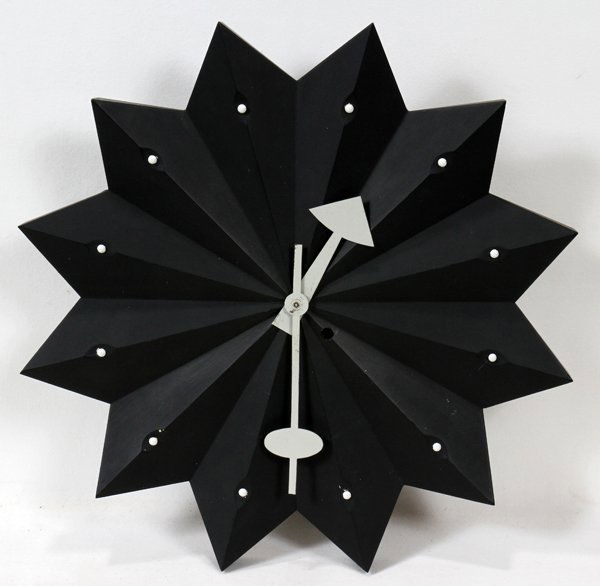 ATTR TO GEORGE NELSON FOR HERMAN MILLER, CLOCK: ATTRIBUTED TO GEORGE NELSON FOR HERMAN MILLER, WOOD & METAL FAN WALL CLOCK, DIA 15":Painted wood clock with painted metal hands. Unmarked. No key present. White dot embellishments appear to be painted