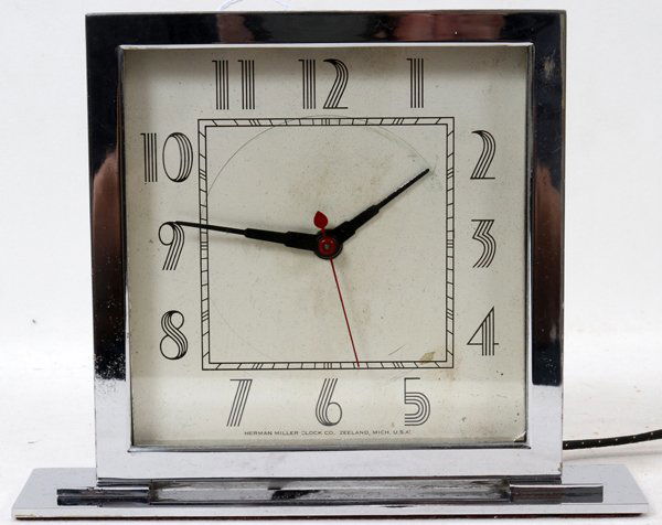 GILBERT ROHDE FOR HERMAN MILLER, CLOCK,: GILBERT ROHDE FOR HERMAN MILLER, ART DECO CHROME CLOCK, H 6 1/2", W 8":Engraved "NYYC 2nd Place Finish, 1934" as well as "Rumour".