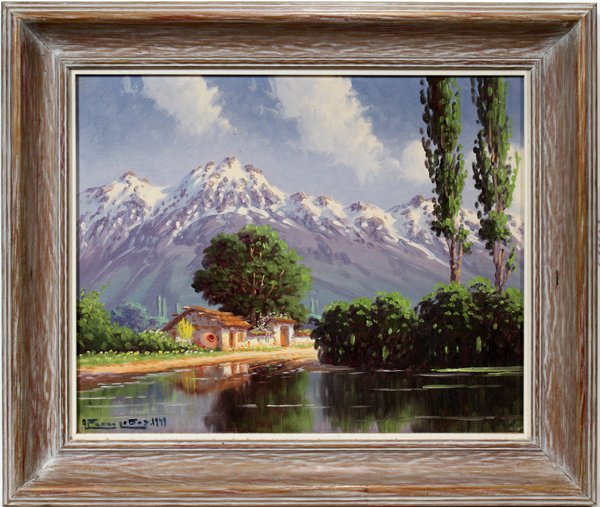 ALFREDO LOBOS OIL ON MASONITE 1949, 17 1/2" X: ALFREDO LOBOS (CHILEAN, 1890-1917), OIL ON MASONITE 1949, 17 1/2" X 21 1/2", MOUNTAINOUS LANDSCAPE:Image depicts snow capped mountains in the background with a small, stucco house in the mid ground, s