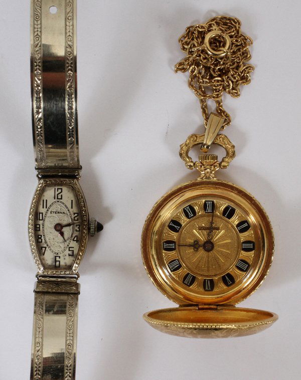 LADY'S WATCHES, TWO: LADY'S WATCHES, TWO:Featuring a "15 ETERNA" 18 KT. white gold watch, Arabic numerals, Circa 1930's and a Swiss made "Lucerne3" yellow gold pendant watch, Roman numerals, chain.