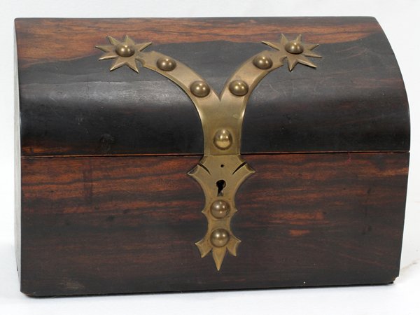 ANTIQUE WOOD & BRASS DOCUMENT BOX, C. 1900: ANTIQUE WOOD & BRASS DOCUMENT BOX, C. 1900, H 6", W 9", D 3 1/2":Having a dome shaped hinged cover with brass escutcheon and decoration at the front. No apparent markings. Grain bears consistencies wi