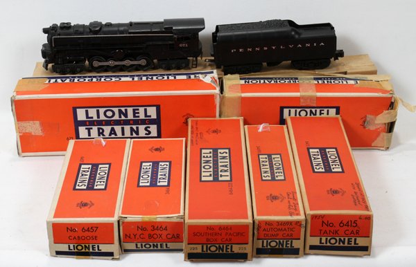 LIONEL FREIGHT TRAIN 671 4-8-4 STEAM LOCOMOTIVE: LIONEL FREIGHT TRAIN, 671 4-8-4 STEAM LOCOMOTIVE AND FREIGHT CARS, C1949-55, 7 PCS.:includes on Lionel #671 S-2 turbine 4-8-4 steam locomotive, (c1950) and #2671W (whistle) tender (c1949), #3464 NYC b