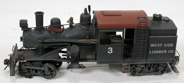 HEISLER TRAINS, O SCALE PAINTED BRASS LOCOMOTI: HEISLER TRAINS, O SCALE PAINTED BRASS LOCOMOTIVE, MAX GREY, L 8":With "West Side Lumber Co." at the side.