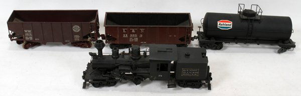 CLIMAX TRAINS, LOGGING ENGINE, O SCALE, BRASS: CLIMAX TRAINS, LOGGING ENGINE, O SCALE, BRASS CARS (2), , & A TANK CAR +TRACK, 10 PCS., L 8" & 10":Including 1 engine, L. 10", 2 brass cars, L. 8", and 1 Ashland Oil & Reining Co. tank car. Max Grey p