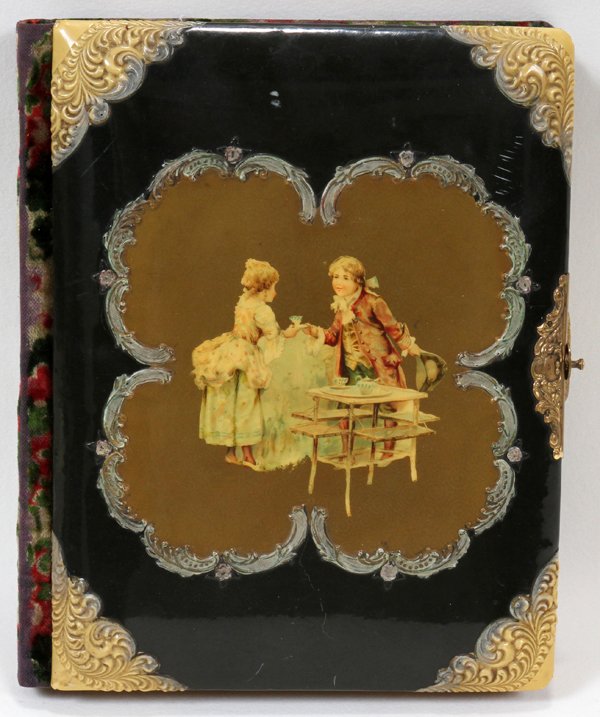 PHOTO ALBUM, 1880, H 10", W 8": PHOTO ALBUM, 1880, H 10", W 8":celluloid cover with Victorian couple having tea, no photos included