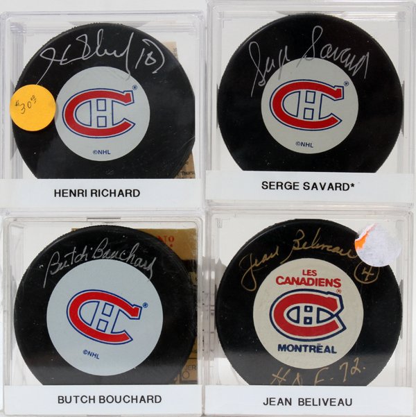 N.H.L. MONTREAL AUTOGRAPHED HOCKEY PUCKS,: N.H.L. MONTREAL CANADIAN AUTOGRAPHED HOCKEY PUCKS, JEAN BELIVEAU, HENRI RICHARD, ETC., 4 PCS.:four Hall Of Fame players for the Montreal Canadians including: Jean Beliveau, Henry Richard, Butch Boucha