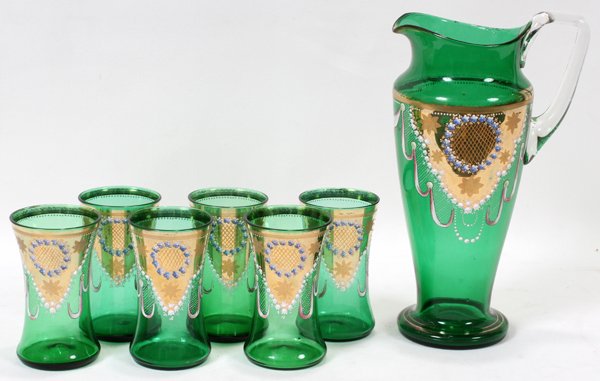 ITALIAN GREEN GLASS LEMONADE PITCHER & GLASSES: ITALIAN GREEN GLASS LEMONADE PITCHER & 6 GLASSES:With fired gold and enamel floral accents.