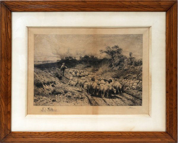 PETER MORAN (AMERICAN 1841-1914), ETCHING,: PETER MORAN (AMERICAN 1841-1914), ETCHING, 15" X 20", SHEPHERD AND FLOCK:Shepherd, sheep dog and flock on dirt road; pencil signed, lower right margin; remarque in lower left margin; framed.