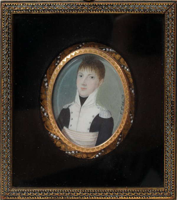 F. F. SCHMIDT, HAND-PAINTED PORTRAIT MINIATURE: F. F. SCHMIDT, HAND-PAINTED PORTRAIT MINIATURE, 1809, 2" X 1 1/2", GOLD FILIGREE & SEED PEARL FRAME:A bust length portrait of a young man in military uniform, signed and dated "F. F. Schmidt Pinx. 180
