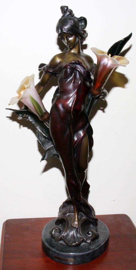 PIERRE ROCHE, BRONZE SCULPTURAL LAMP, H 26": PIERRE ROCHE, BRONZE SCULPTURAL LAMP, H 26":Art nouveau style, fitted with two glass lily shades, on a marble base.