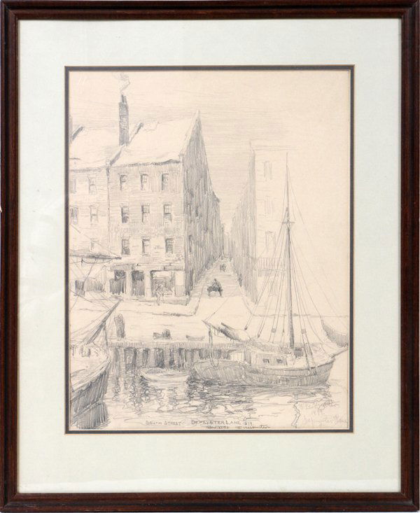 FREDERICK LEO HUNTER (1858-1943) PENCIL DRAWING: FREDERICK LEO HUNTER (1858-1943), PENCIL DRAWING, 1879, 15" X 12", 'SOUTH STREET, DEPEYSTER LANE':Pencil drawing on paper entitled "South Street, Depeyster Lane, New York", signed and dated 1879, unde