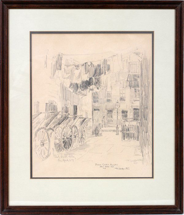 FREDERICK LEO HUNTER (1858-1943) PENCIL DRAWING: FREDERICK LEO HUNTER (1858-1943), PENCIL DRAWING, 1915, 13" X 11 1/4", 'PUSH CART ALLEY, NEW YORK':Pencil drawing on paper, titled, signed and dated, under glass with double matting in a contemporary