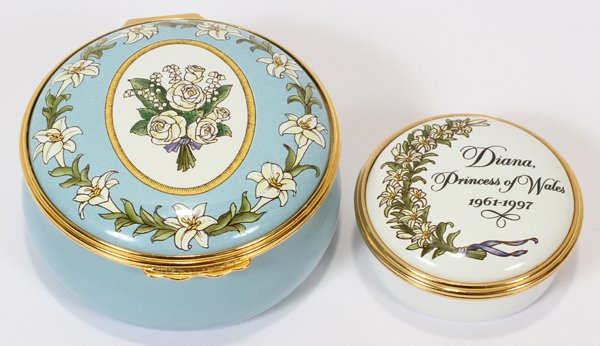 HALCYON DAYS ENAMELED LIMITED EDITION BOXES: HALCYON DAYS ENAMELED LIMITED EDITION BOXES (2), PRINCESS DIANA, DIA 1 3/4" & 2 1/2":Including 1 round box with screw type cover, limited edition number 324, and 1 round with a hinged cover, number 28