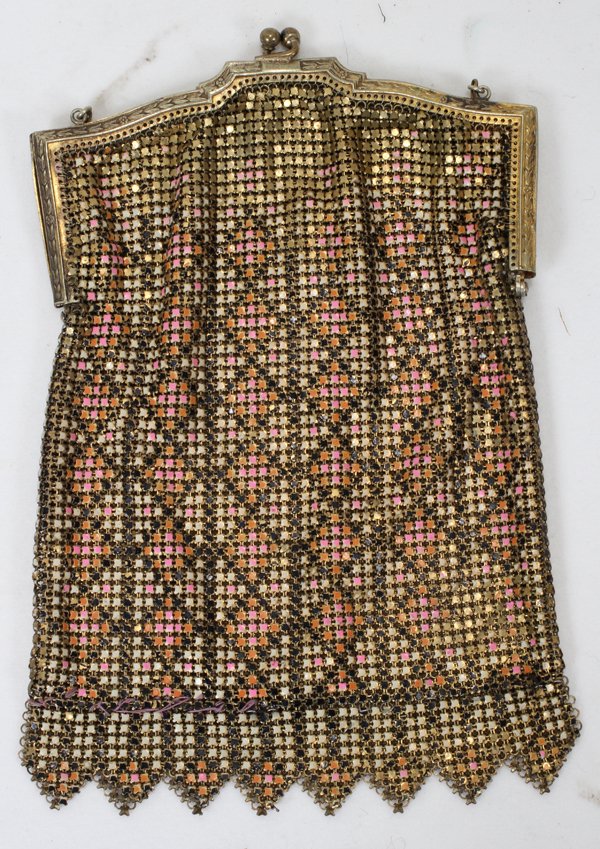 WHITING & DAVIS CO. MESH EVENING BAG: WHITING & DAVIS CO. MESH EVENING BAG, C. 1920, L 13" WITH CHAIN:Gilt metal frame and mesh bag enameled in pink, orange, cream and black; stamped on metal tag within.
