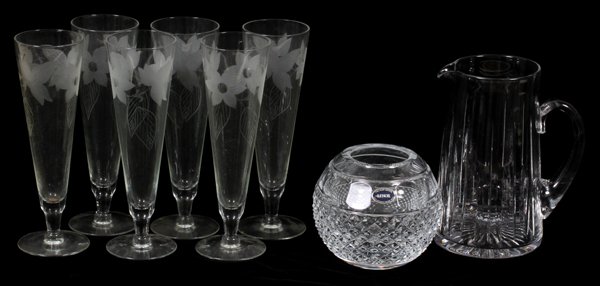 CRYSTAL TABLE WARE, INCLUDING STUART & LENOX: CRYSTAL TABLE WARE, SEVEN PIECES, INCLUDING STUART & LENOX:Including 1 Stuart water pitcher, H.7 1/2", 1 Lenox rose bowl, H.4 1/2", and a set of 5 pilsners, H.8 3/4", not marked.