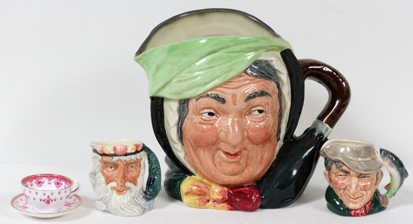 ROYAL DOULTON PORCELAIN CHARACTER MUGS: ROYAL DOULTON PORCELAIN CHARACTER MUGS, THREE, H 2 1/2" & 6", AND SPODE MINIATURE CUP & SAUCER:The smaller mugs include 1 "Neptune", D 6555, and 1 "The Poacher", D 6515, and 1 larger mug, "Sairey Gamp