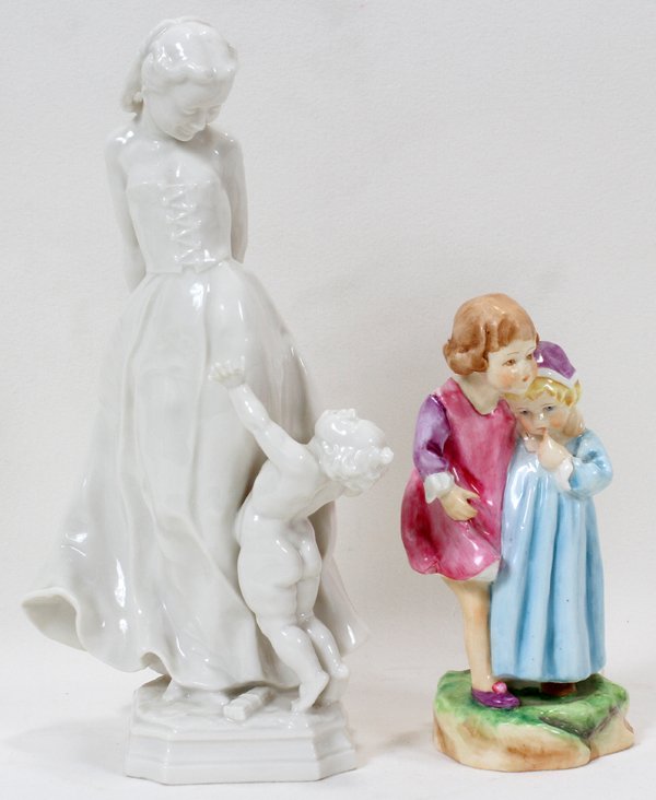 HUTSCHENREUTHER & PORCELAIN FIGURES: HUTSCHENREUTHER & ROYAL WORCESTER 'BABES IN THE WOOD' PORCELAIN FIGURES, TWO, H 10" & 6":Including 1 Hutschenreuther porcelain figure group of a young woman withholding Cupid's bow, and 1 Royal Worces