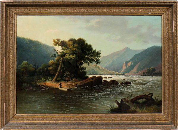 ATTRIB. TO ROBERT SCOTT DUNCANSON OIL ON CANVAS: ATTRIBUTED TO ROBERT SCOTT DUNCANSON, OIL ON CANVAS, MAN IN FISHING BOAT, MOUNTAIN LANDSCAPE, 28" X:Unsigned; gilt frame.