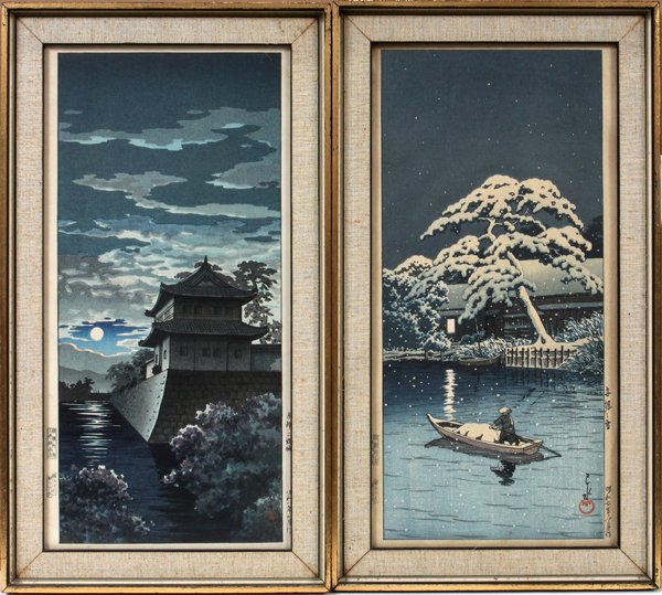 JAPANESE 20TH C. WOODCUTS,2, 14 1/4" X 6 1/2",: JAPANESE 20TH C. WOODCUTS,2, 14 1/4" X 6 1/2", NIGHT/EVENING SCENES WITH WATER:Both block signed with one block signed Kawase Hasui (date of printing is unknown); framed.