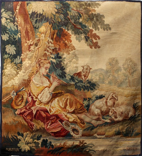 AUBUSSON WOOL FRENCH TAPESTRY, 19TH C.: AUBUSSON WOOL FRENCH TAPESTRY, 19TH C., 3' 5" X 3' 3":After Boucher; flutist with sheep.