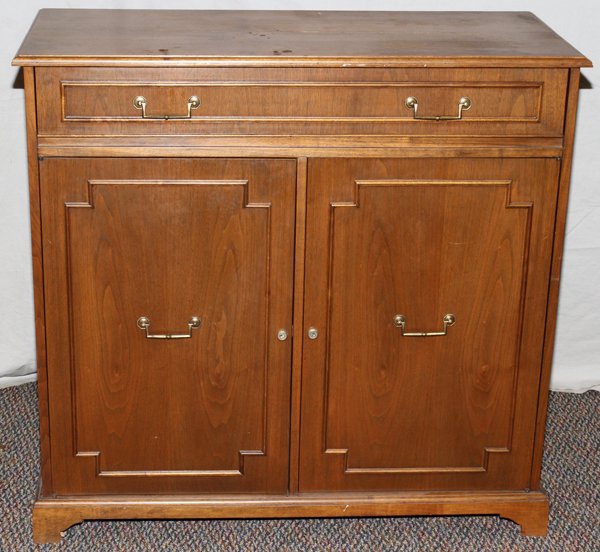 MAHOGANY OFFICE CREDENZA: MAHOGANY OFFICE CREDENZA, H 29", L 74", D 19":Two center door, two end file drawers, five smaller drawers. Also includes a matching side wet bar with refrigerator. Two doors with flip top, H 40 1/2", 