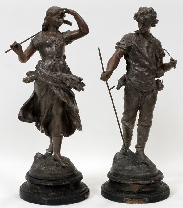 AFTER AUGUSTE MOREAU, SPELTER SCULPTURES: AFTER AUGUSTE MOREAU, SPELTER SCULPTURES, TWO, H 13", "FAUCHEUR" AND "FANEUSE":Each atop a two inch base.